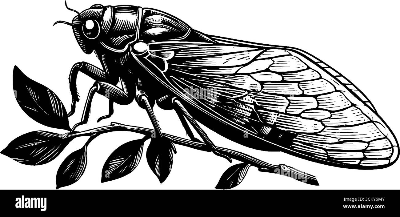 Design cigale monochrome avec motifs d'ailes complexes sur branche pour l'art et la décoration de la nature. Illustration de Vecteur