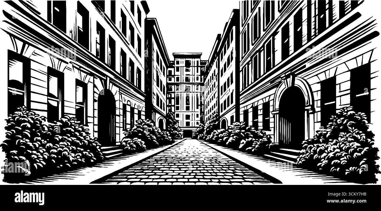 Ruelle pavée historique entre des bâtiments classiques en illustration noir et blanc. Illustration de Vecteur