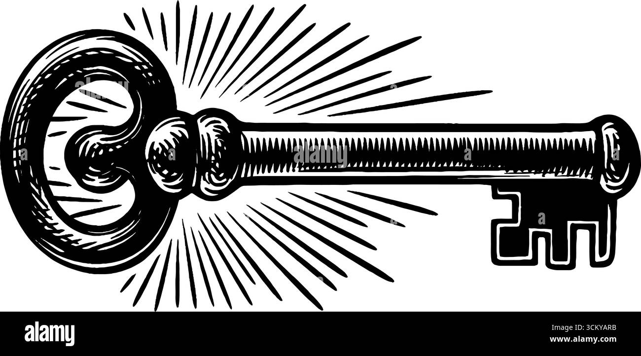 Clé luisante mystique suspendue dans la conception de rafale de vent rayonnant pour affiche ou carte. Illustration de Vecteur