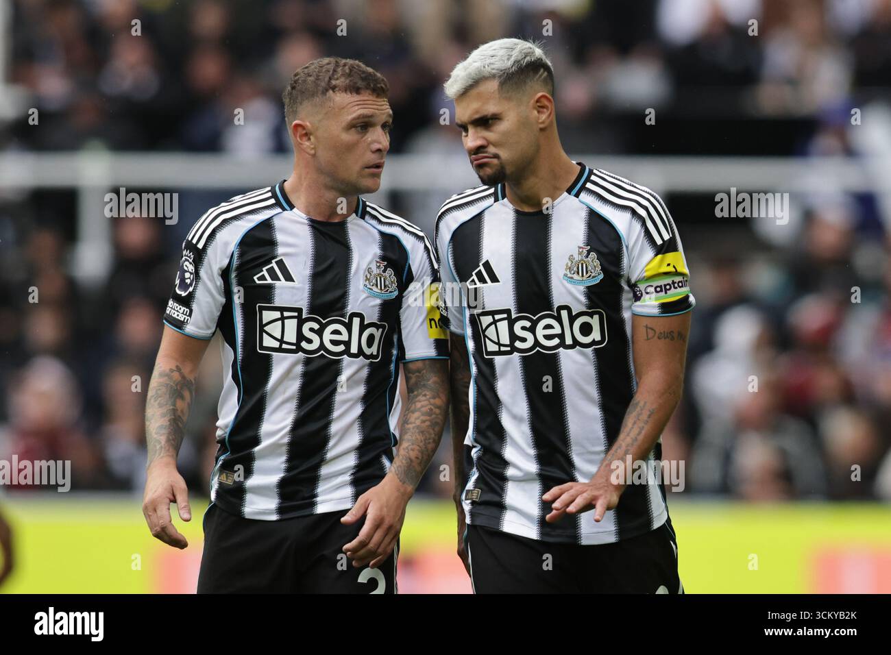 Kieran Trippier et Bruno Guimarães de Newcastle United discutent lors du match de premier League entre Newcastle United et Wolverhampton Wanderers au James's Park, Newcastle le samedi 13 septembre 2025. (Photo : Michael Driver | mi News) crédit : MI News & Sport /Alamy Live News Banque D'Images