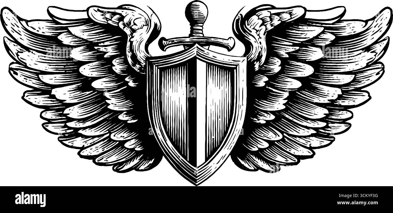 Emblème de gardien avec bouclier et conception d'ailes d'ange pour tatouage ou illustration de logo. Illustration de Vecteur