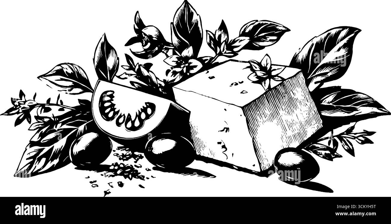 Illustration d'ingrédients de salade grecque vintage avec feta, olive, tomate. Illustration de Vecteur