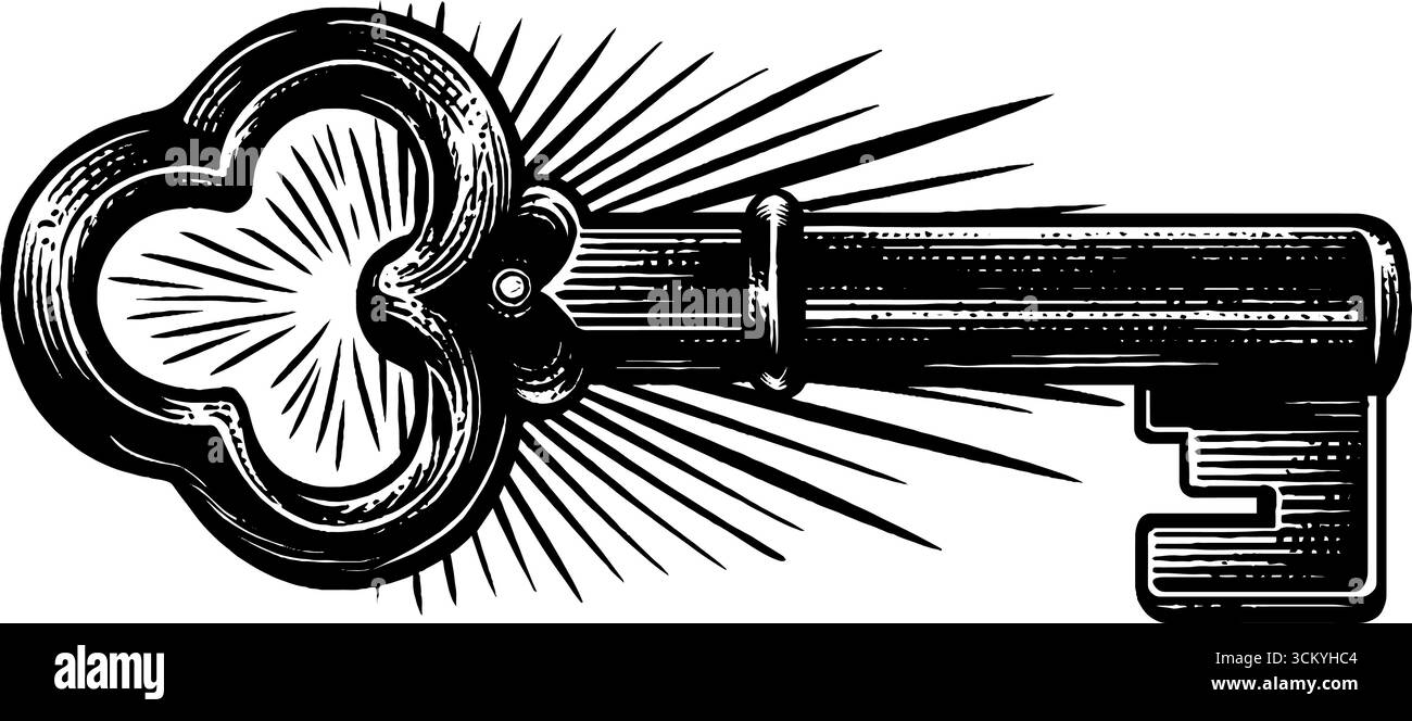 Clé magique flottant dans une lumière rayonnante avec des effets de vent pour des conceptions mystiques. Illustration de Vecteur