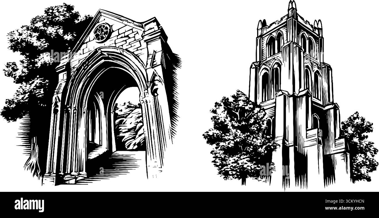 Cathédrale gothique et croquis architecturaux volants pour le design et la décoration. Illustration de Vecteur