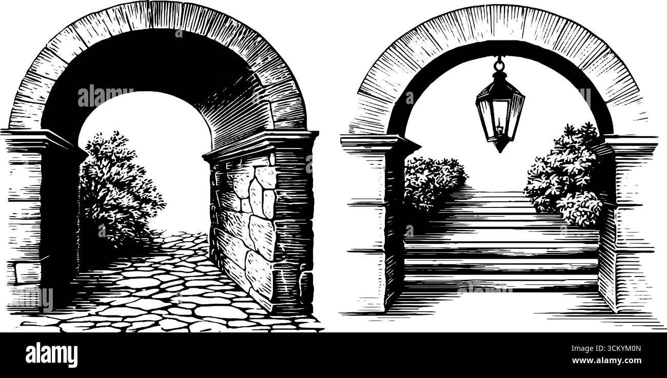 Entrées en arcade vintage et design de lanterne suspendue pour l'inspiration architecturale. Illustration de Vecteur