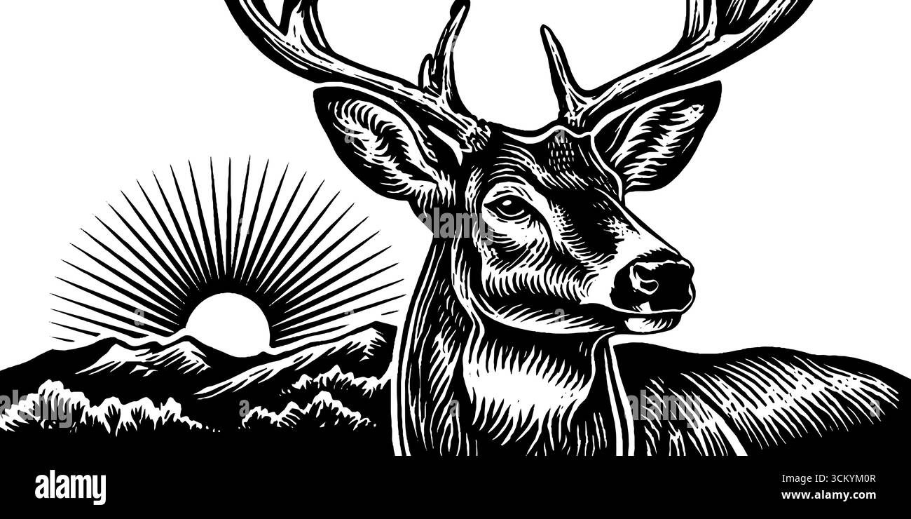 Cerf miroir avec soleil radieux dans un design audacieux écusson pour des thèmes de nature. Illustration de Vecteur