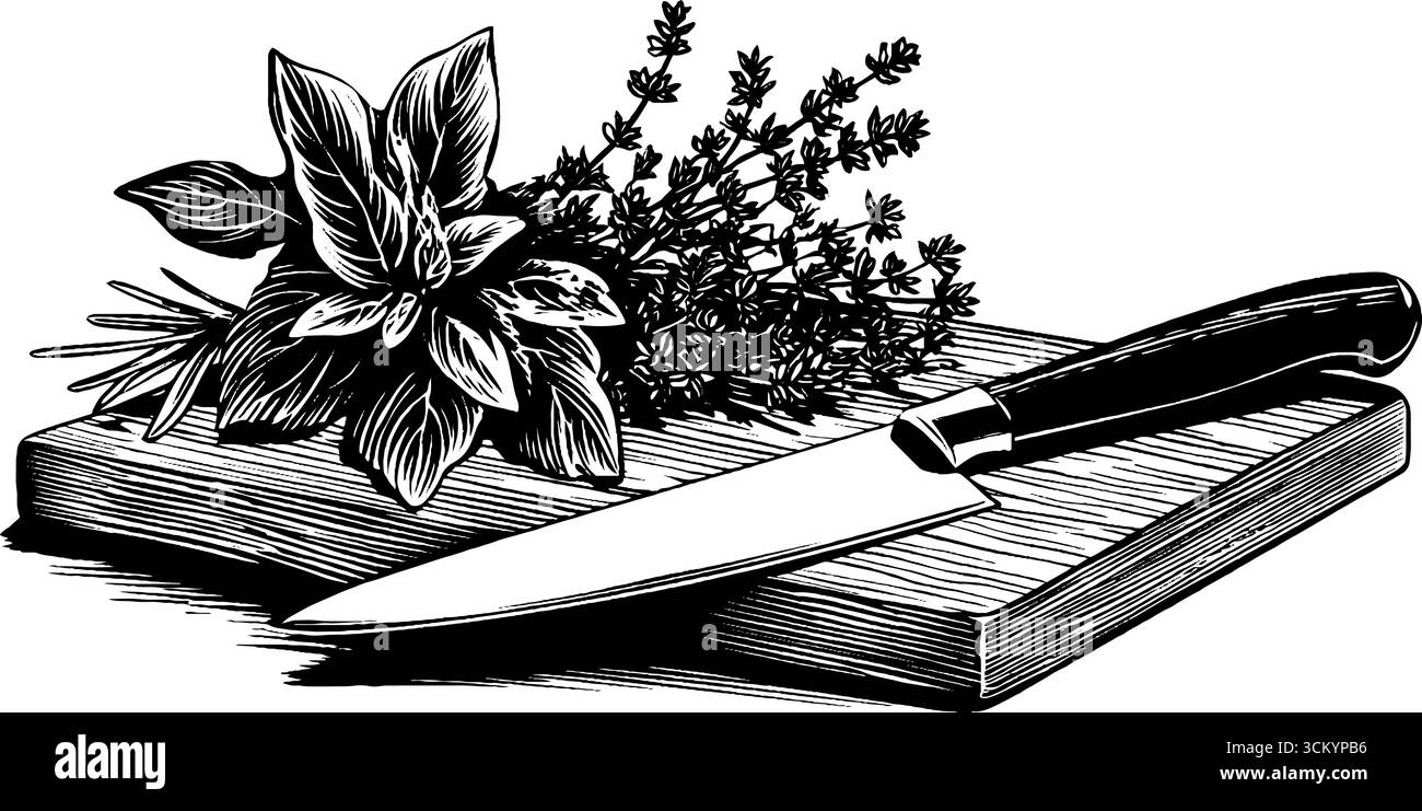 Nature morte culinaire avec herbes hachées et couteau de chef sur planche à découper. Illustration de Vecteur