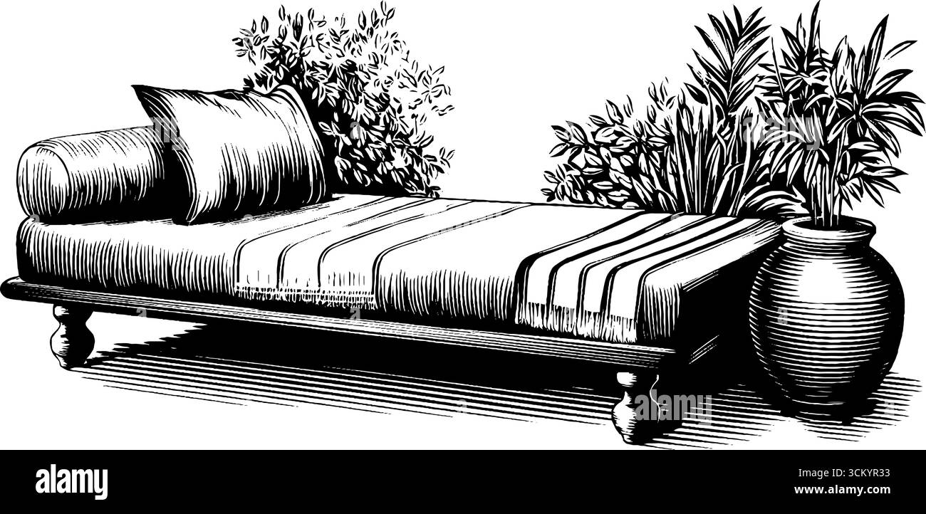 Lit de repos de style bohémien avec superposition de textile et accents de verdure luxuriante pour un décor élégant. Illustration de Vecteur