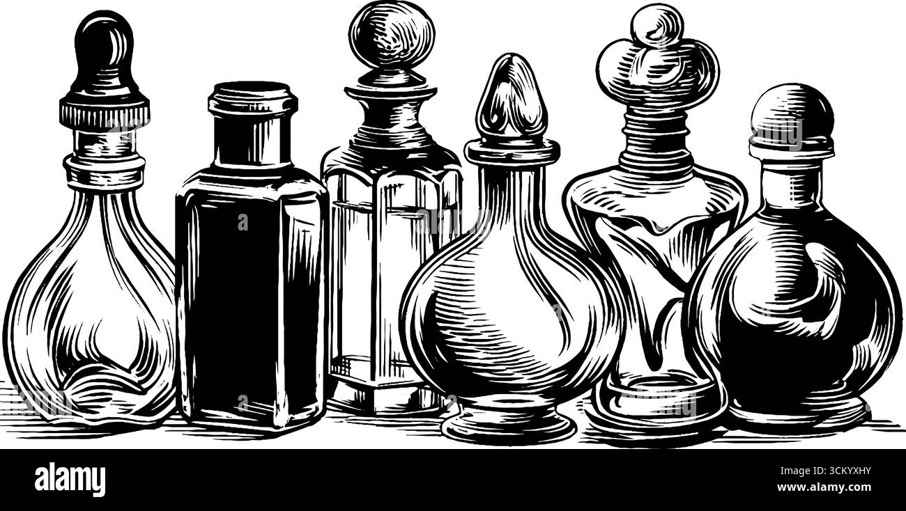Collection de bouteille atomiseur de parfum vintage pour la décoration et le design. Illustration de Vecteur