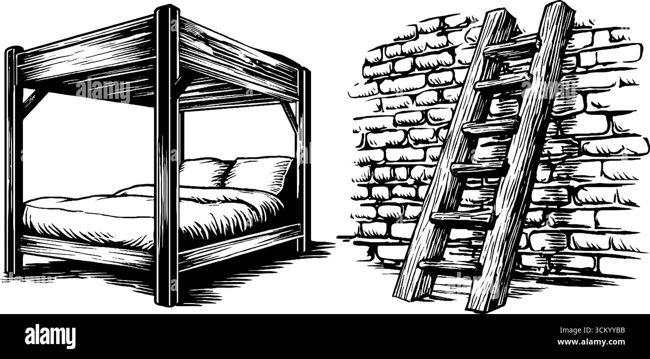 Lit loft de style industriel avec cadre en acier et conception d'échelle. Illustration de Vecteur