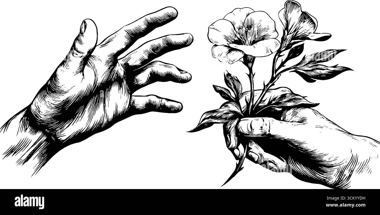 Croquis vintage dessiné à la main de mains et de fleurs pour un design rétro. Illustration de Vecteur
