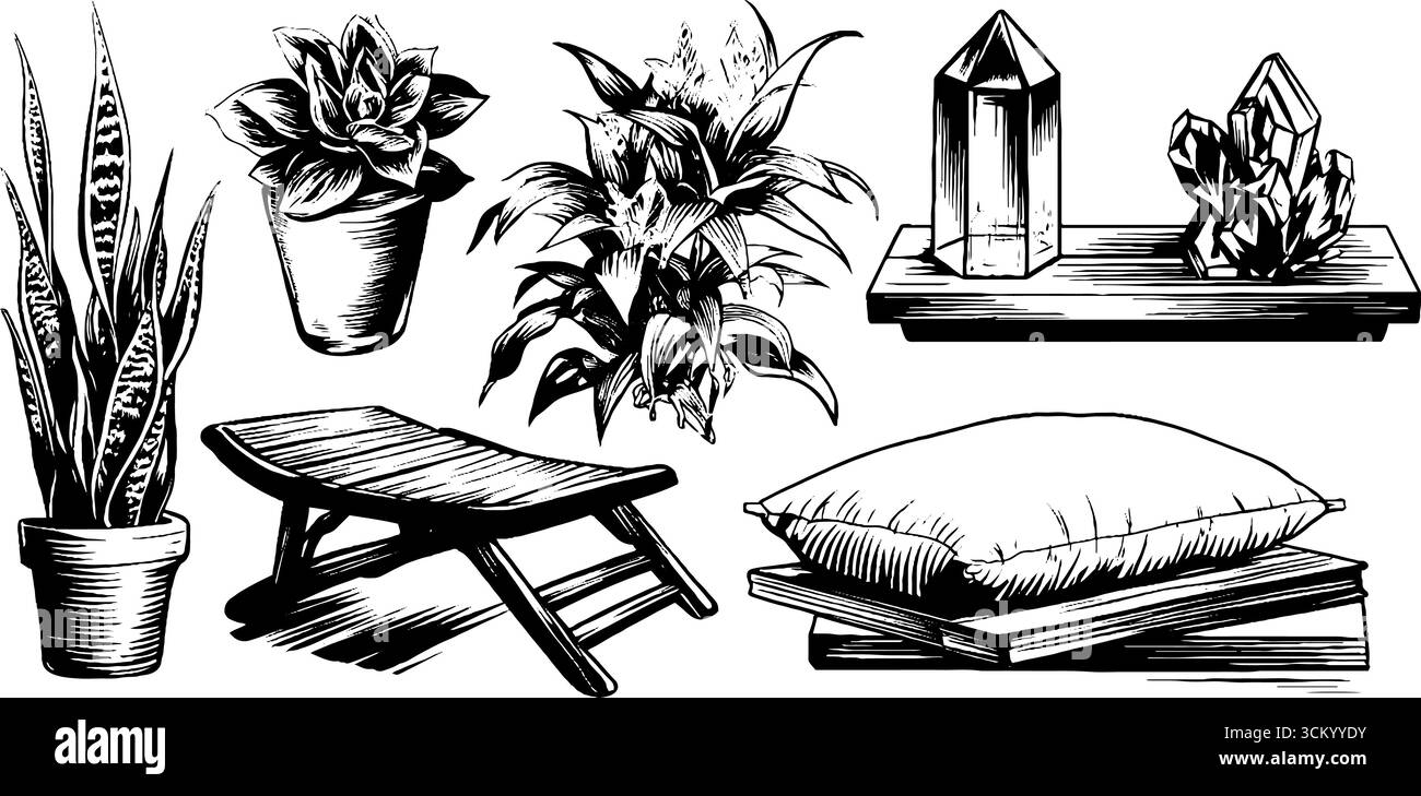 Table basse de style boho avec chaise en rotin et illustrations de plantes en pot pour le design d'intérieur. Illustration de Vecteur