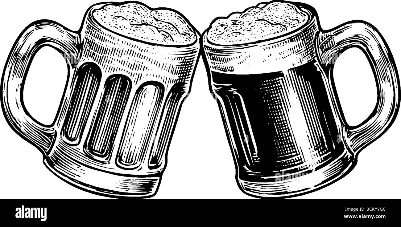 Célébration joyeuse avec des amis clinking tasses à bière - conception dessinée à la main pour les réunions sociales. Illustration de Vecteur Célébration joyeuse avec des amis clinking tasses à bière - conception dessinée à la main pour les réunions sociales. Illustration de Vecteur