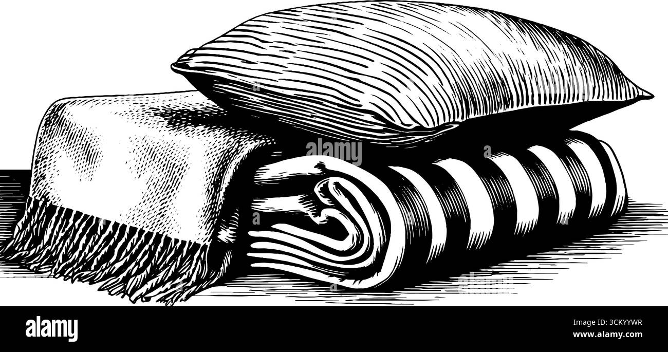 Jeté de toile vintage et oreiller avec des bords effilochés dans un style industriel pour la décoration de la maison. Illustration de Vecteur