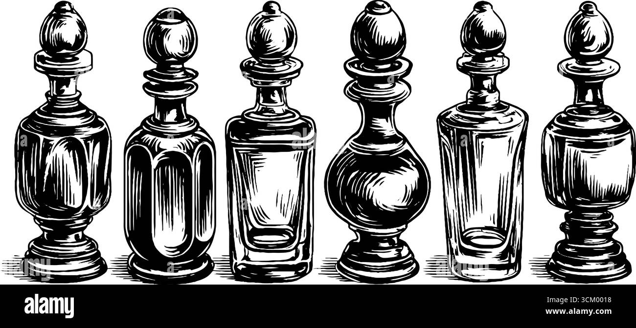 Élégante collection de flacons de parfum vintage pour un design et un décor rétro. Illustration de Vecteur