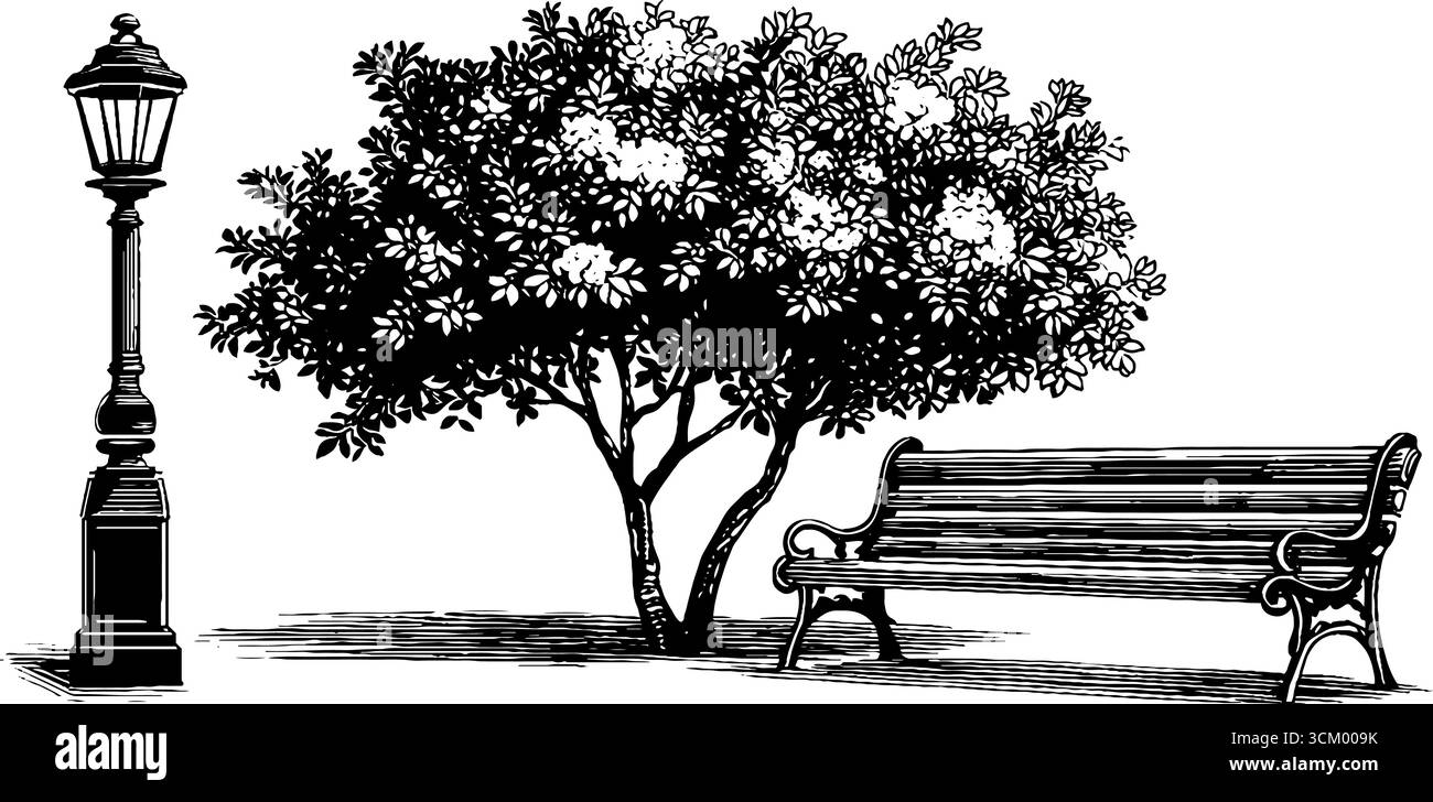 Scène de parc vintage avec banc orné et lampadaire pour un design rétro. Illustration de Vecteur
