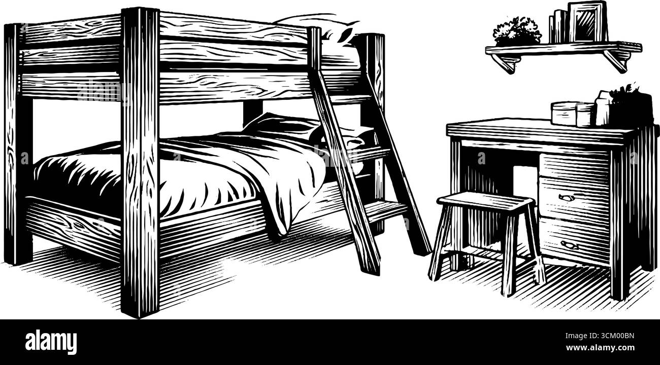 Ensemble de lit loft de style industriel avec cadre en acier et bureau pour un design intérieur moderne. Illustration de Vecteur