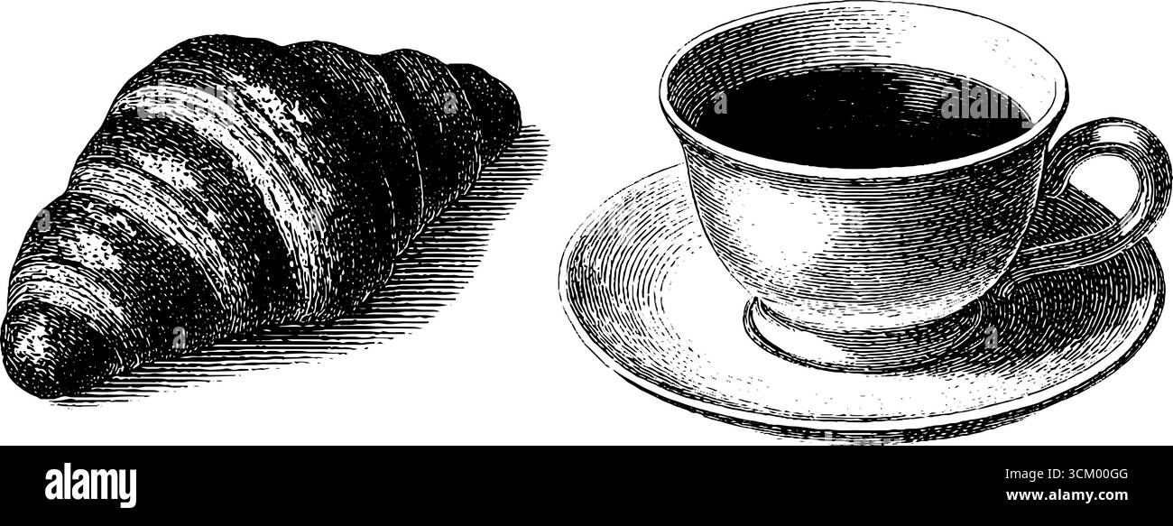 Croissants et tasse à café croissants vintage croquis pour les projets de design rétro. Illustration de Vecteur