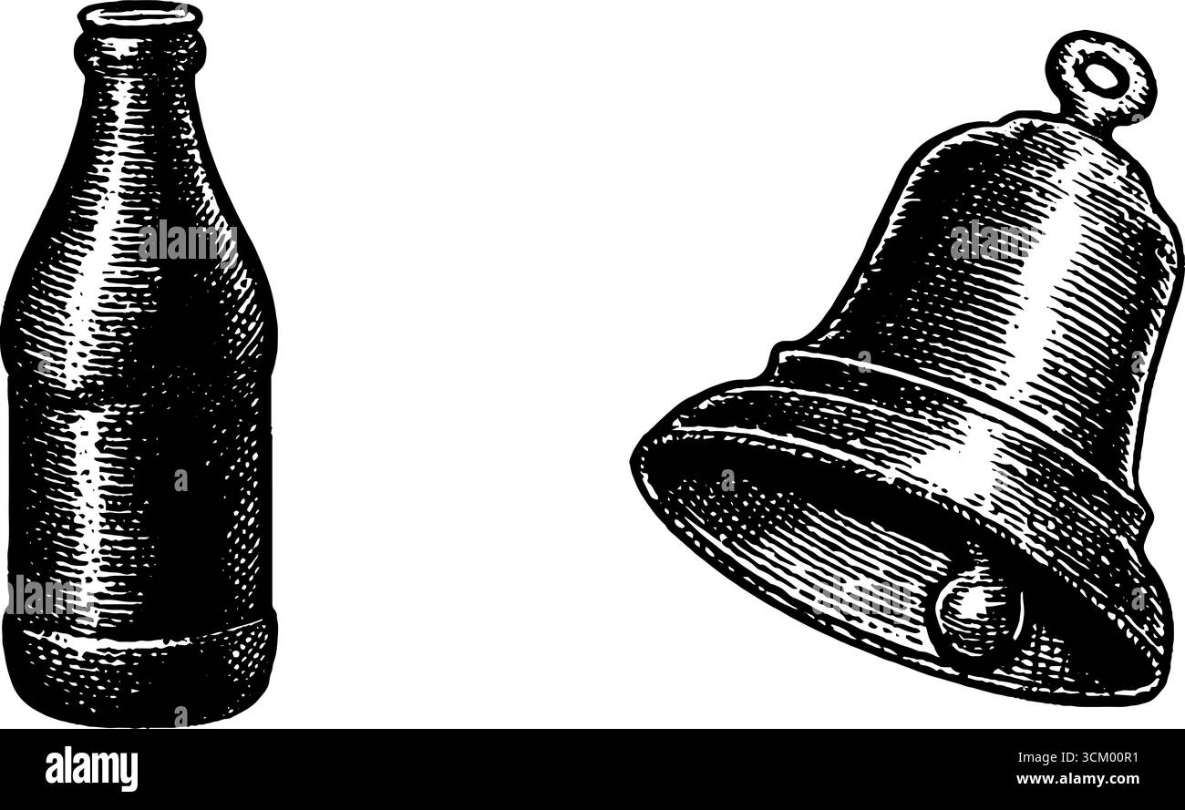 Bouteille de lait vintage avec splash et cloche de vache design pour des impressions rétro. Illustration de Vecteur