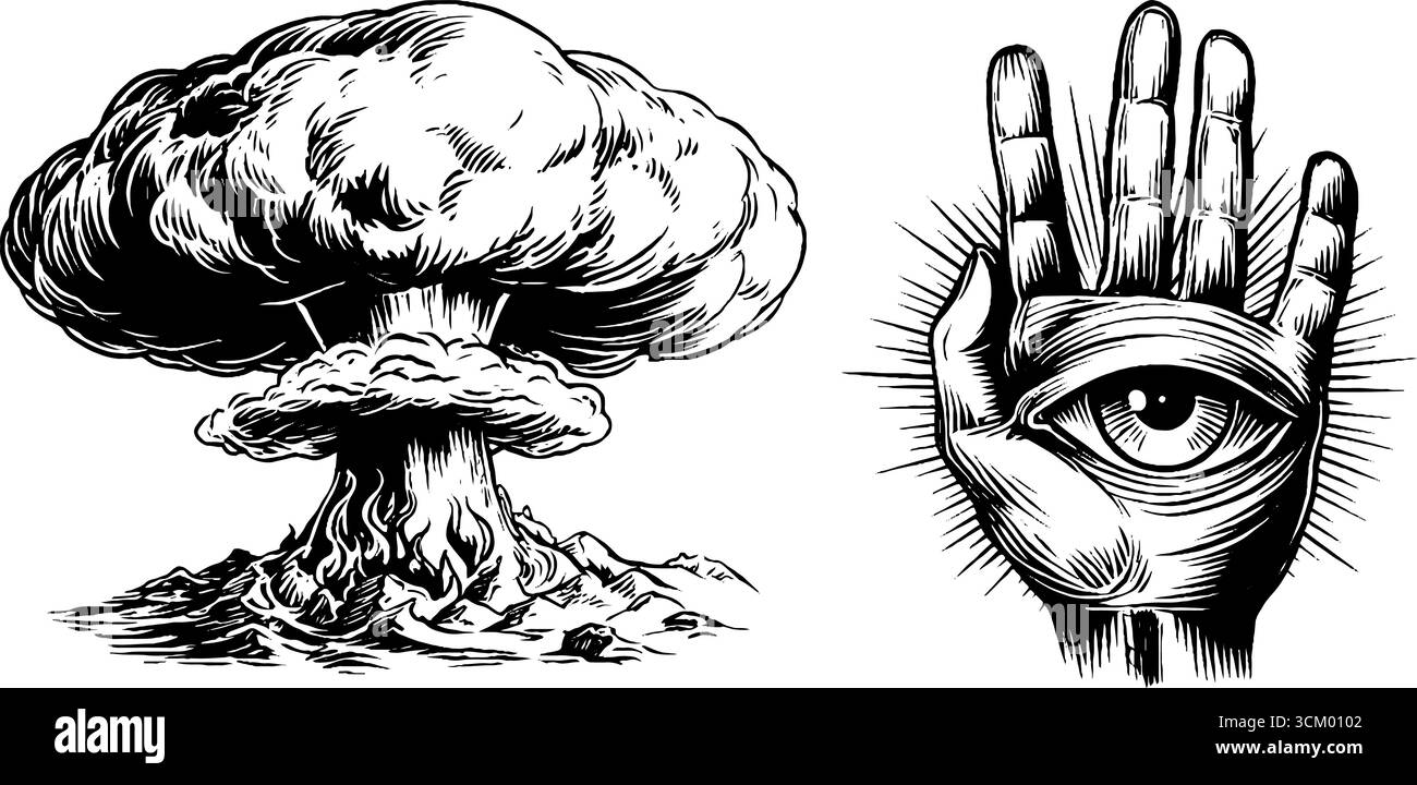 Nuage de champignon surréaliste et illustration œil dans la main pour des conceptions imaginatives. Illustration de Vecteur