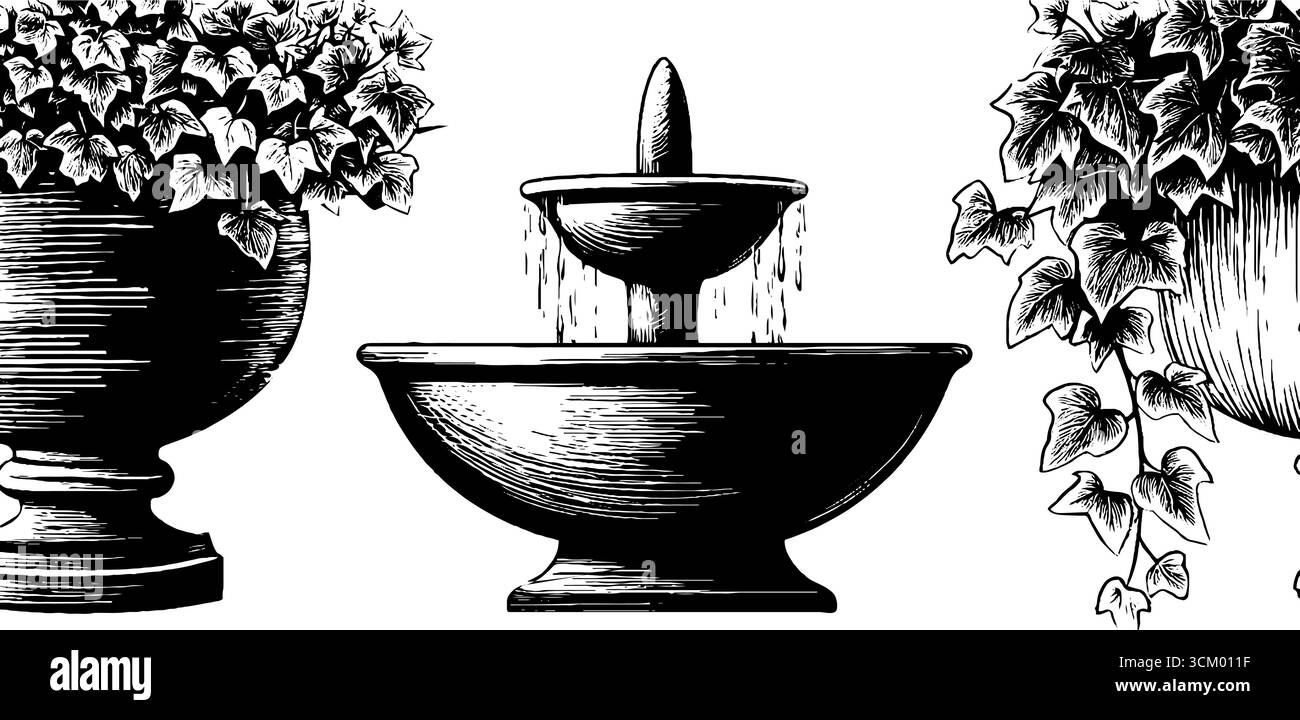 Jardinières d'urne décoratives et lierre traînante avec fontaine d'eau ornementale - conception pour la décoration de la maison et du jardin. Illustration de Vecteur