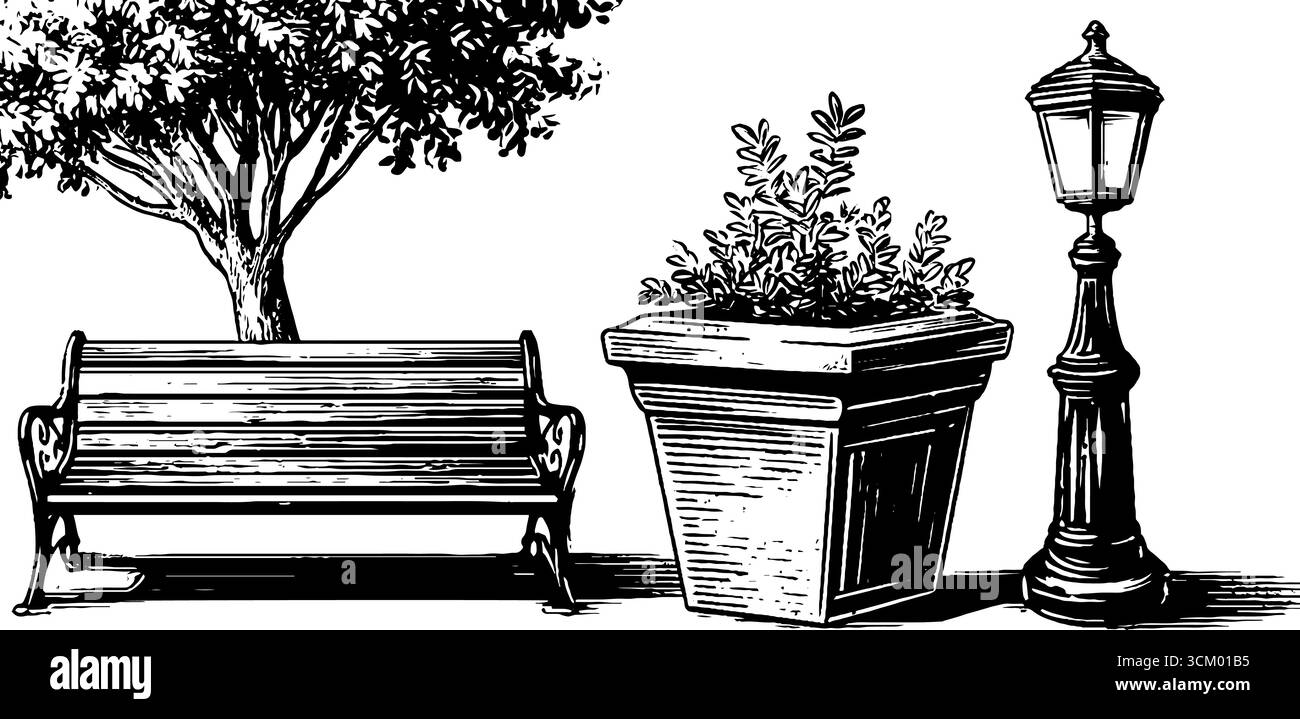 Scène de parc vintage avec banc, boîte à jardinière et lampadaire pour un design rétro. Illustration de Vecteur