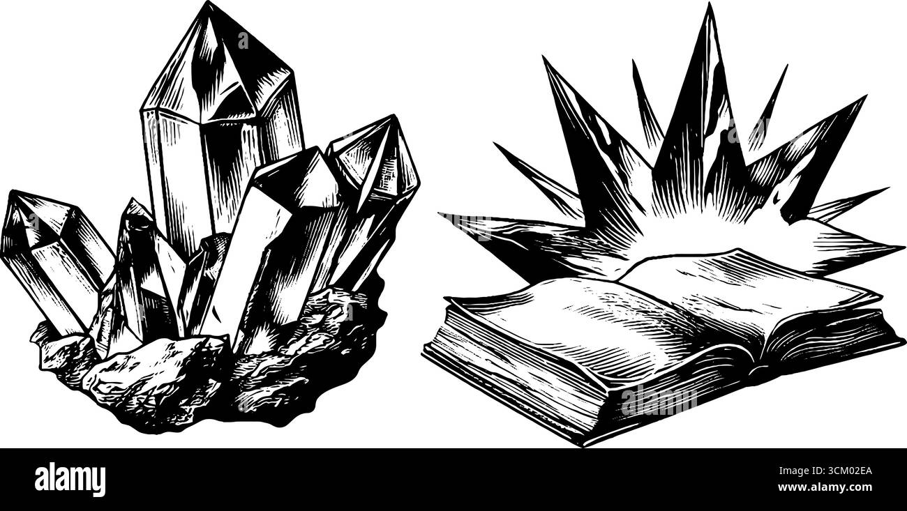 Grappe de cristal de quartz avec illustration à livre ouvert pour le design et la décoration. Illustration de Vecteur