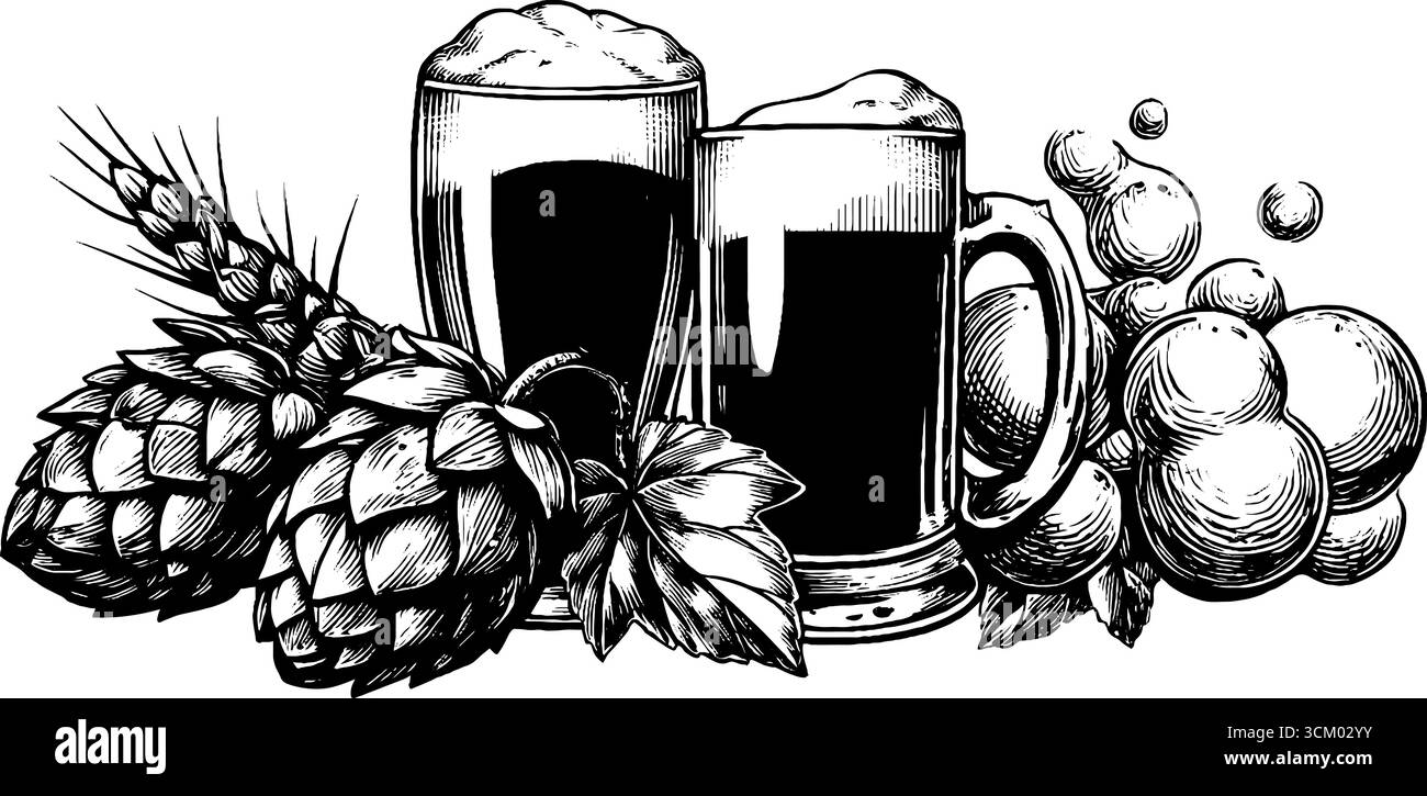 Verres à bière vintage avec mousse, houblon et croquis d'orge pour un design rétro. Illustration de Vecteur