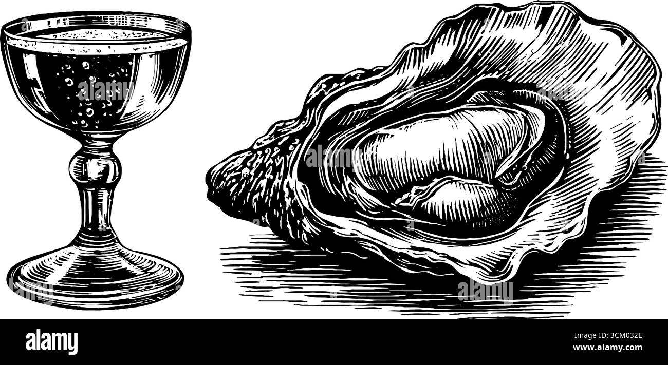 Célébration classique avec flûte à champagne et motif huître fraîchement écaillé. Illustration de Vecteur