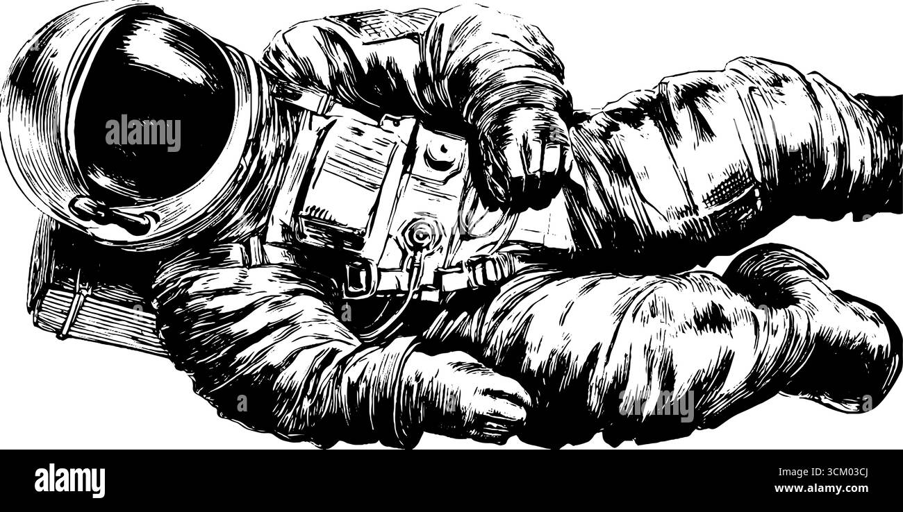 Astronaute vintage flottant avec croquis de casque pour un design spatial rétro. Illustration de Vecteur