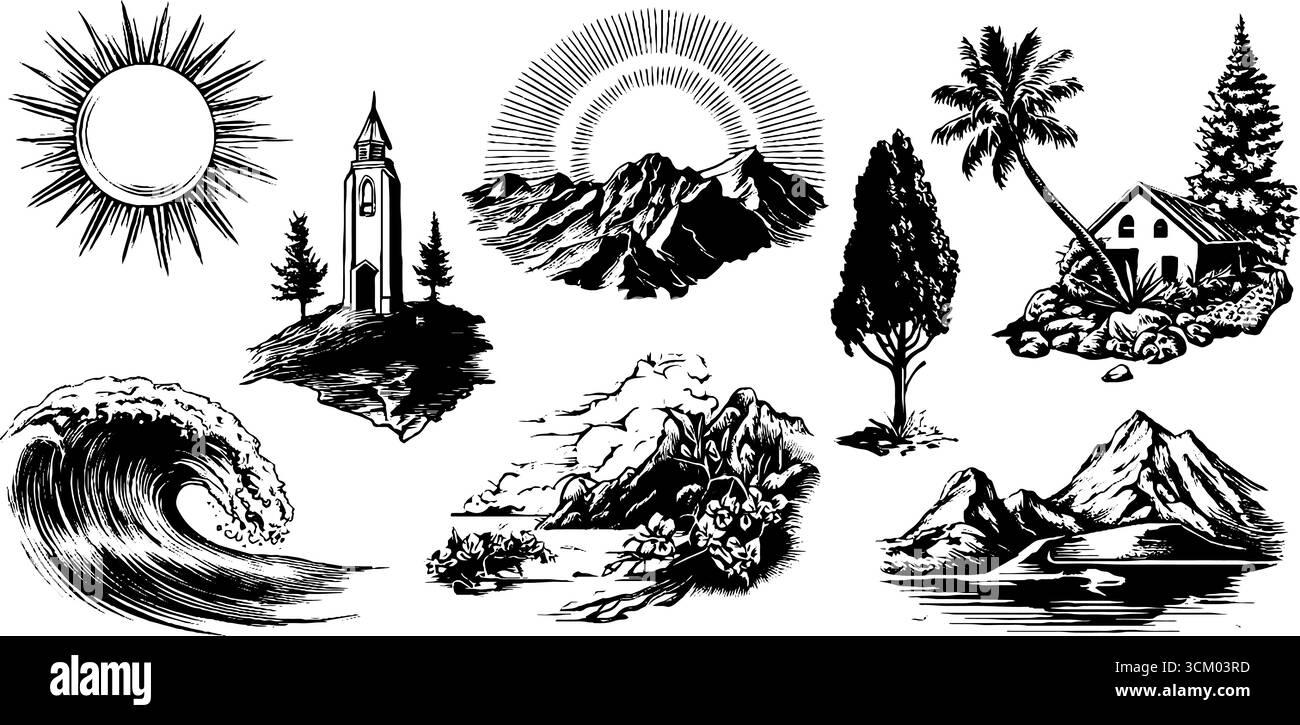 Ensemble d'icônes vintage sur le thème de la nature avec des éléments paysagers et côtiers pour un design rétro. Illustration de Vecteur