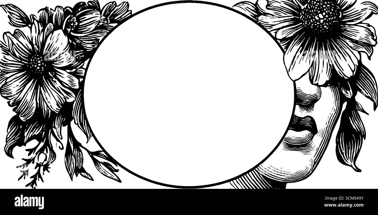 Cadre circulaire en mosaïque florale noir et blanc pour un design décoratif. Illustration de Vecteur