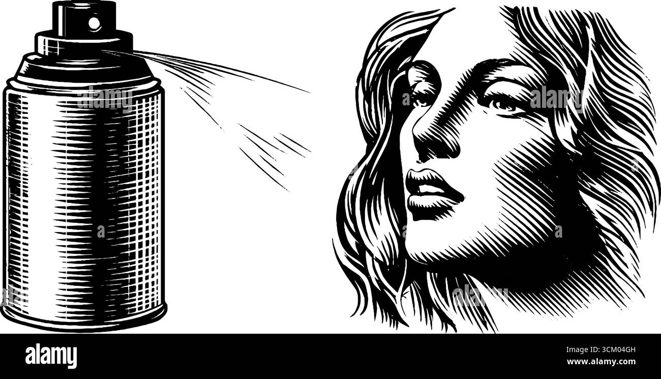 Spray capillaire vintage avec brume douce et silhouette de femme pour un design rétro. Illustration de Vecteur