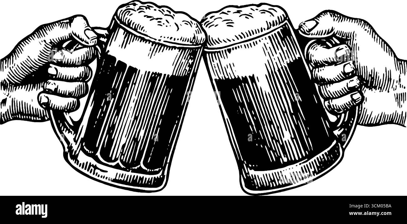 Des amis joyeux se serrant des tasses à bière pour la célébration et le rassemblement social. Illustration de Vecteur