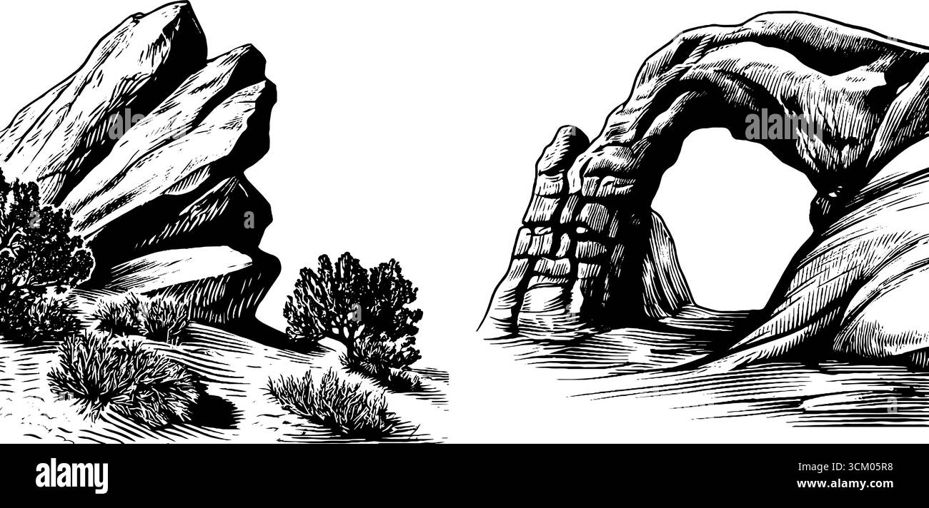 Arc en grès altéré et croquis de gommage du désert pour la conception de la nature. Illustration de Vecteur