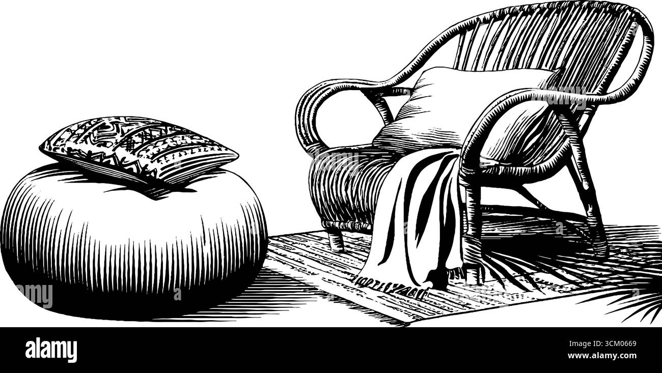 Ensemble de chaises en rotin Boho Chic avec coussin brodé pour un design intérieur confortable. Illustration de Vecteur