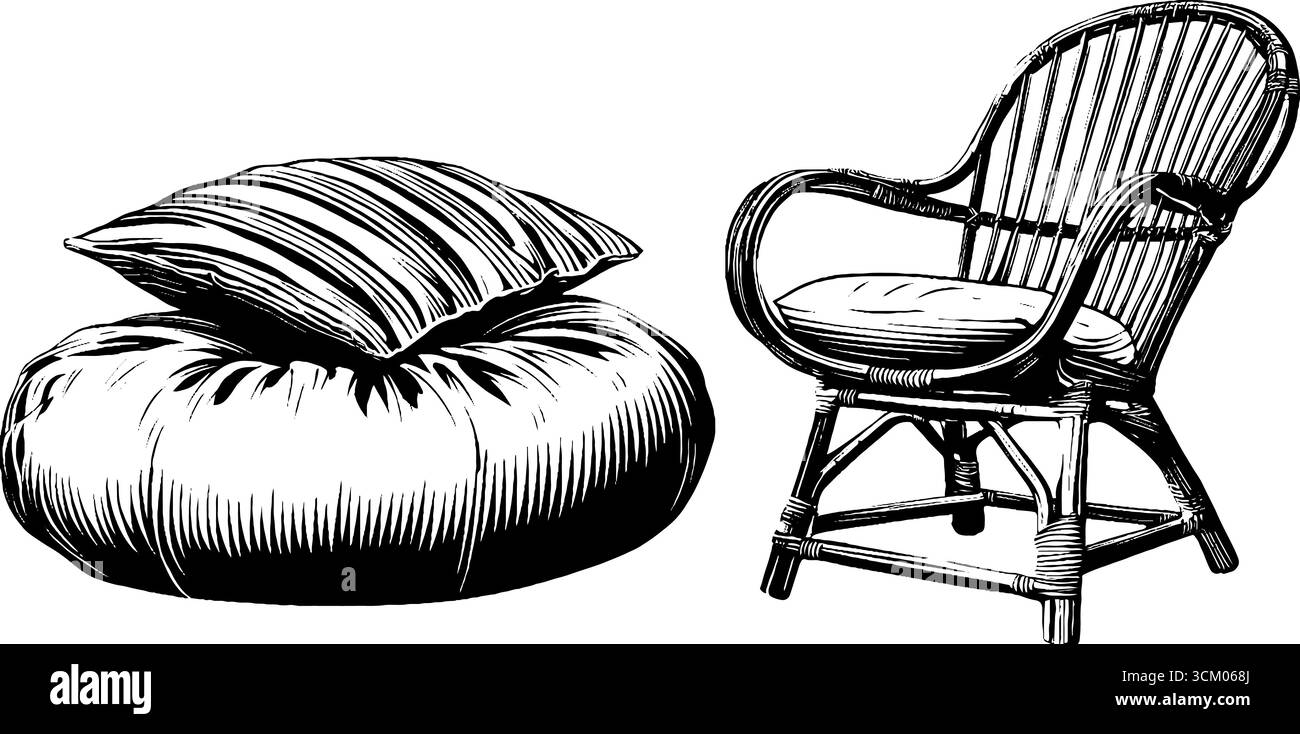 Chaise en rotin Boho Chic et coussin brodé pour le design d'intérieur. Illustration de Vecteur
