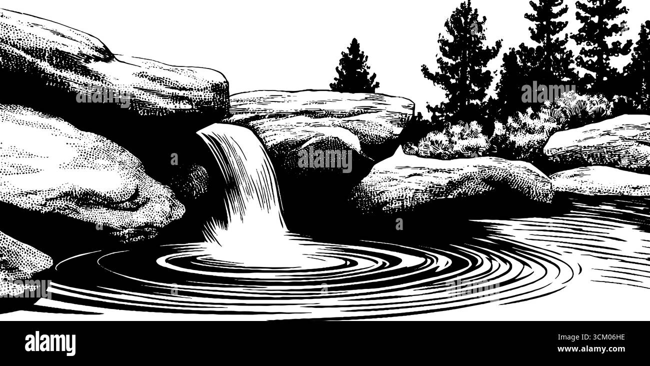 Cascade de cascade avec panache de brume et scène de piscine tranquille pour la conception artistique. Illustration de Vecteur