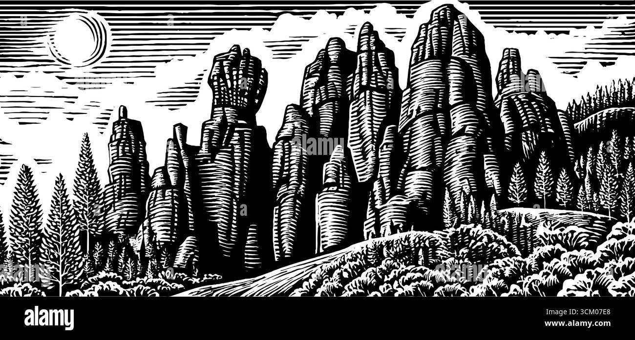 Flèches karstiques calcaires en art noir et blanc pour la nature et le paysage. Illustration de Vecteur