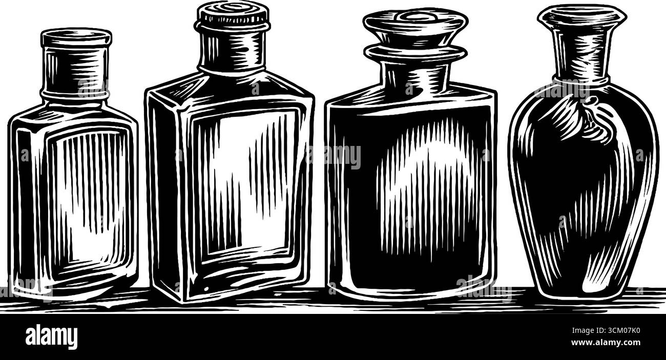 Collection de bouteilles après-rasage vintage avec des motifs striés pour croquis dessinés à la main. Illustration de Vecteur