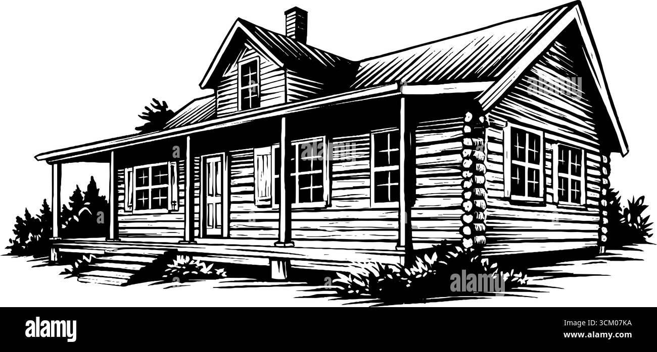 Cabine en bois rustique avec texture murale en rondins et illustration des éléments de fenêtre. Illustration de Vecteur