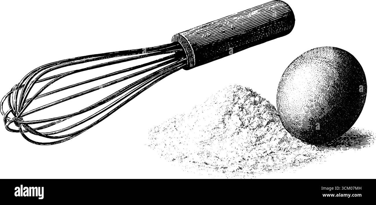 Outils de cuisine vintage avec fouet, œuf craqué et illustration de farine pour un design culinaire rétro. Illustration de Vecteur