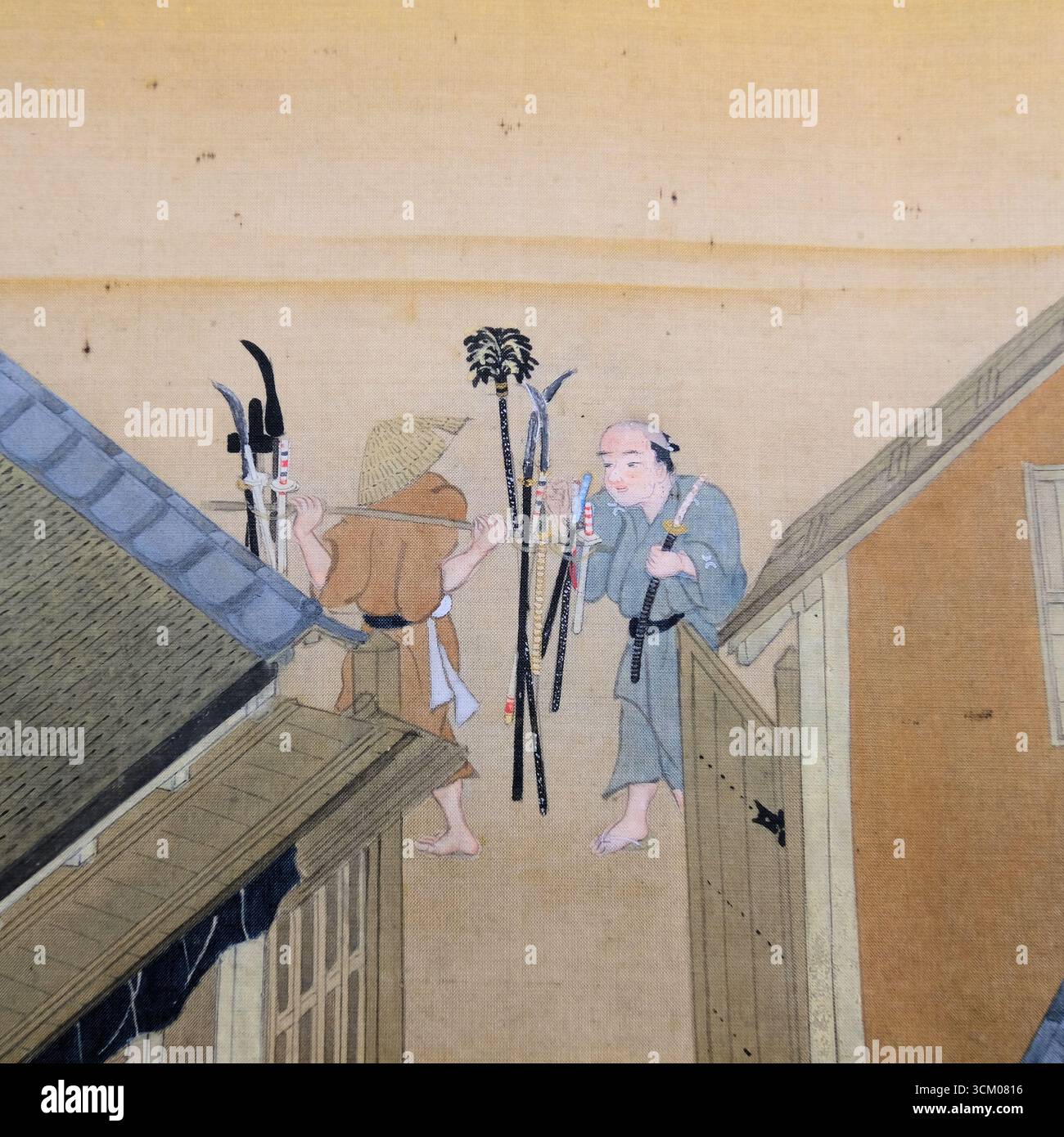 Détail de scènes dans et autour de Kyoto par Sumiyoshi Gukei, période Edo, XVIIe siècle ; Musée national de Tokyo, Japon; vendeur d'épée et d'armes, vendeur. Banque D'Images