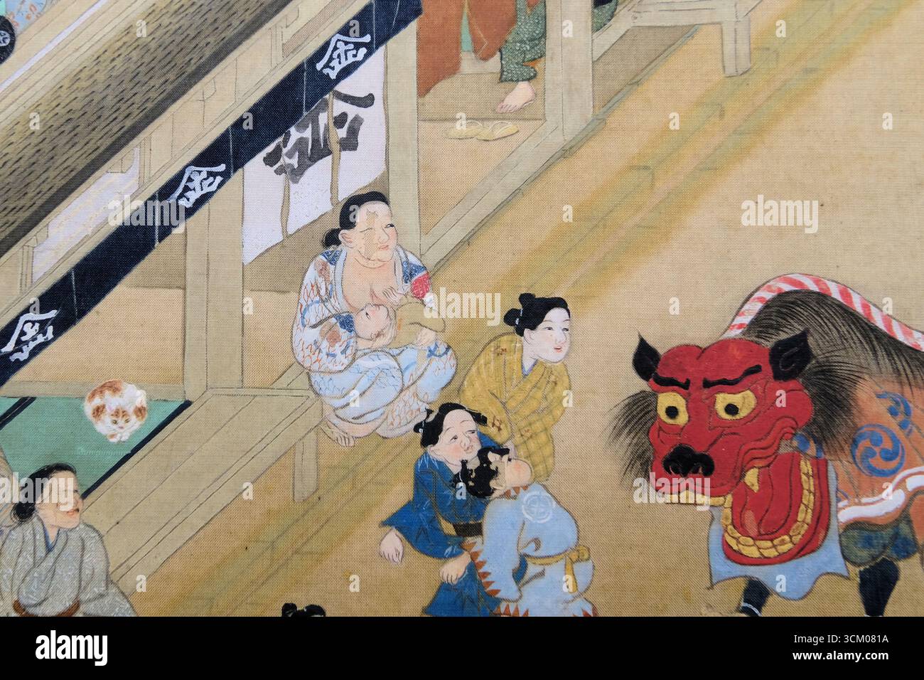 Détail de scènes dans et autour de Kyoto par Sumiyoshi Gukei, période Edo, XVIIe siècle ; Musée national de Tokyo, Japon; mère allaitante enfant ; dragon. Banque D'Images