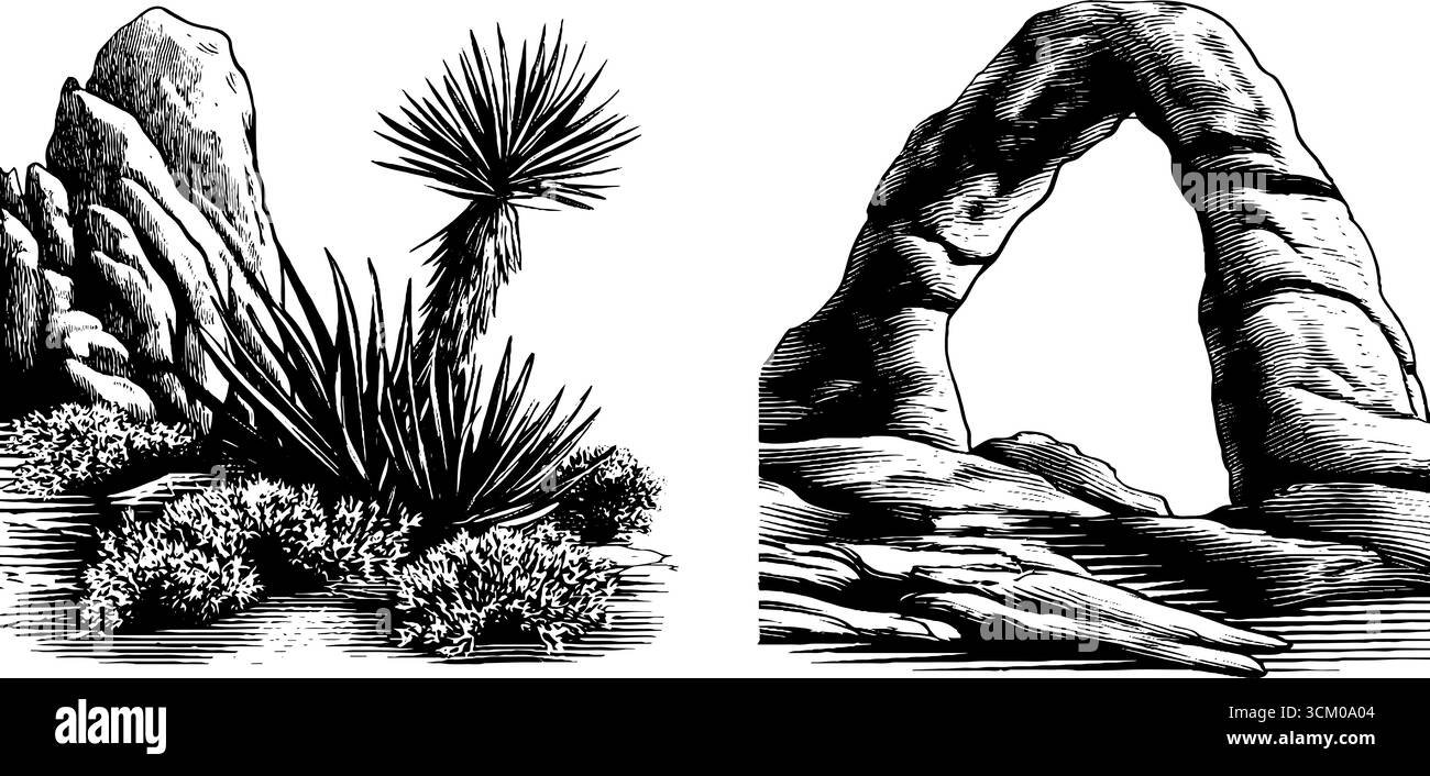 Paysage désertique avec voûte en grès altérée et gommage pour un design rétro. Illustration de Vecteur