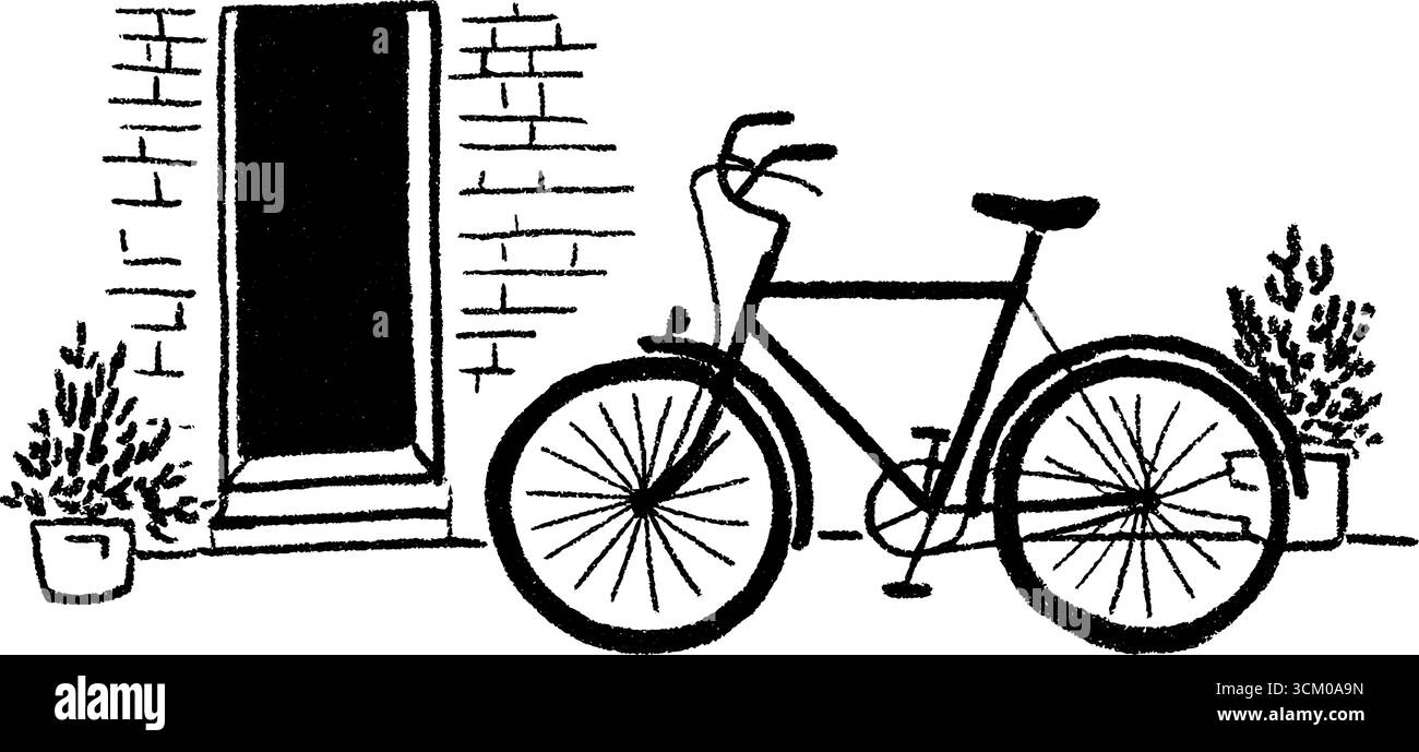 Bicyclette appuyée contre un croquis mural avec des lignes noires. Illustration de Vecteur
