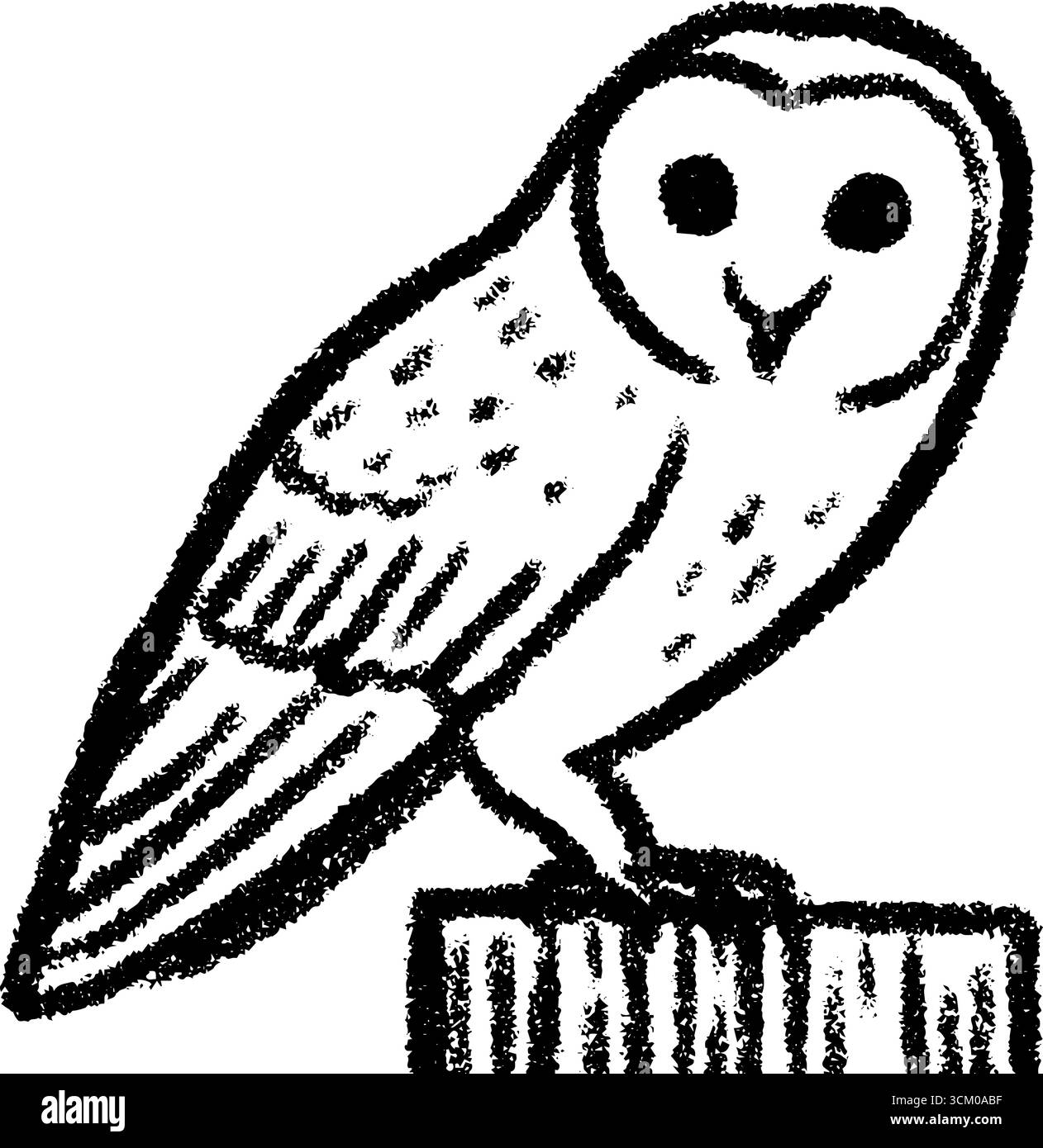 Hibou dessiné à la main sur le poteau de clôture en dessin noir et blanc. Illustration de Vecteur