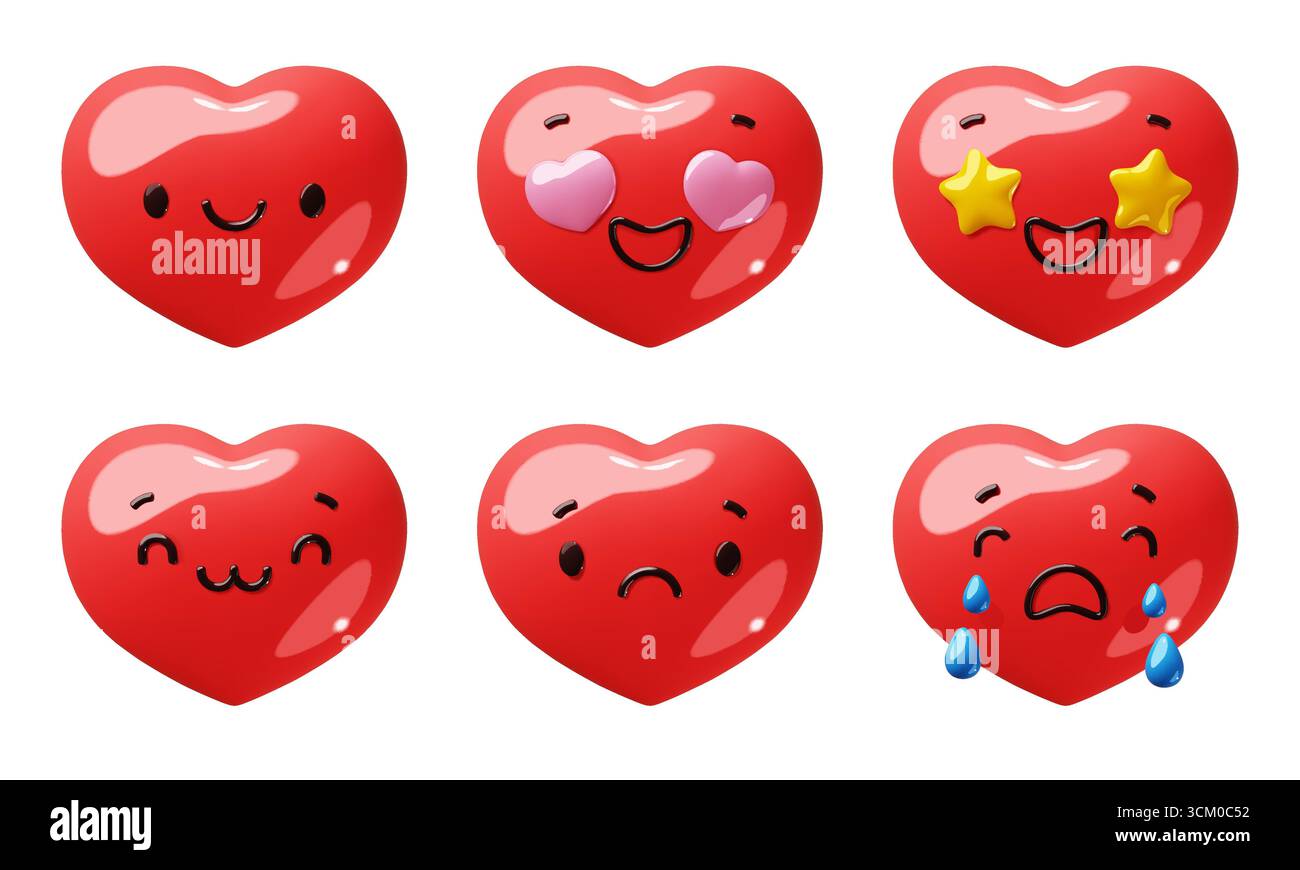 visages emoji 3d coeur. Dessins animés symboles d'amour rouge drôles, différentes émotions et expressions, signes romantiques de la saint-valentin, pleurs heureux des médias sociaux et Illustration de Vecteur