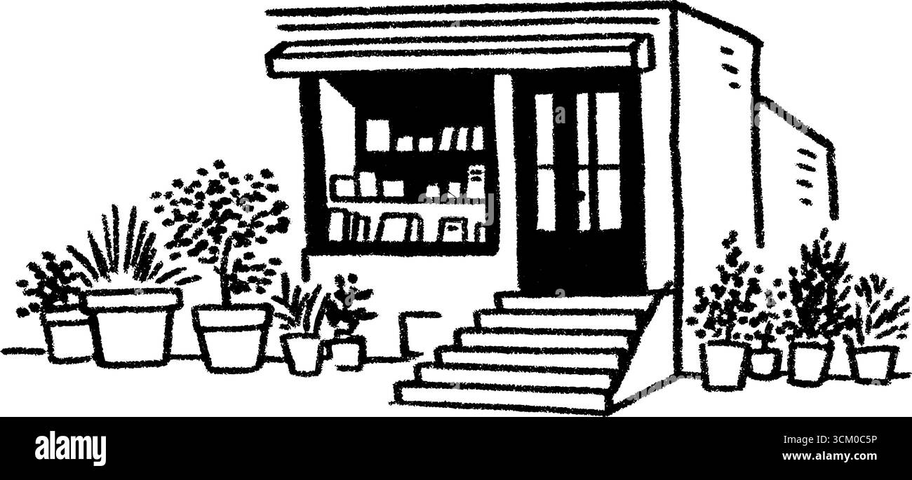 Croquis d'un charmant magasin du coin avec marches et affichage extérieur pour une inspiration créative de design. Illustration de Vecteur