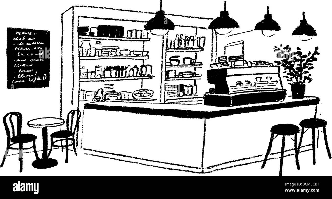Coin café confortable avec croquis de menu au tableau noir pour une utilisation de conception. Illustration de Vecteur